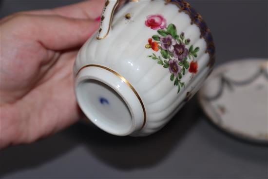 A Chelsea Derby tea bowl and saucer, a similar fluted cup an cover, c.1780, and a Worcester style cup and saucer, late 19th century,